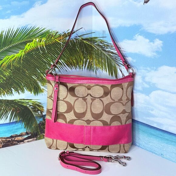 Coach Signature Stripe Swingpack Crossbody Khaki Pink F13674 - Picture 1 of 16